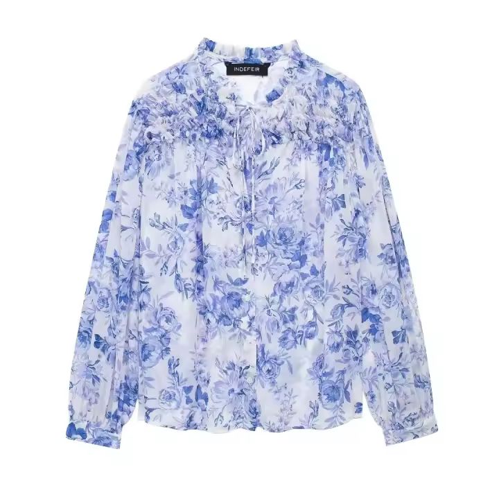 - Top casual con estampado floral para mujer, camisa de manga larga con volantes y botones únicos, decoración de encaje, primavera - 1