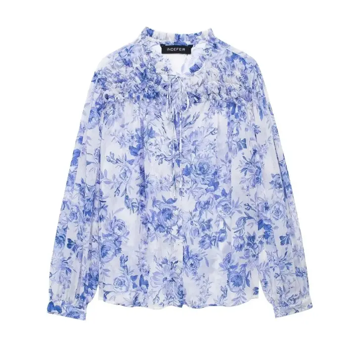 - Top casual con estampado floral para mujer, camisa de manga larga con volantes y botones únicos, decoración de encaje, primavera - 1