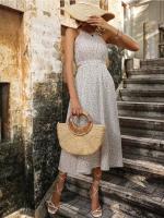 Vestido sin mangas con cintura hueca, estampado floral, elegante, cuello semialto - details 3