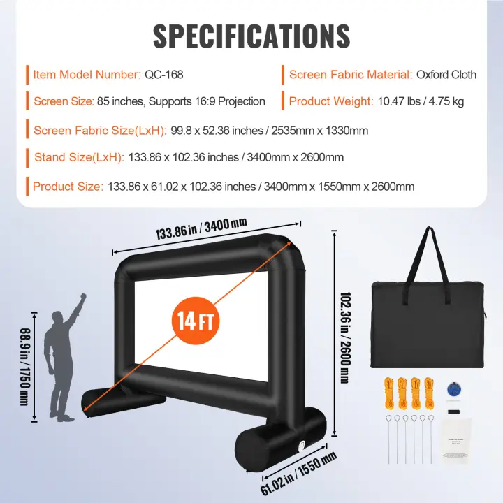 SucceBuy Pantalla de cine inflable, pantalla de proyector de tela Oxford con soplador y bolsa de transporte, proyección frontal/trasera para fiestas al aire libre, noche de cine en el patio trasero - 1