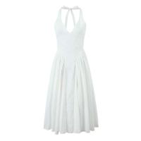 Vestido halter verde sin espalda para mujer, cintura baja, A-e Midi, vestidos de fiesta de noche de verano, bata de algodón - details 5