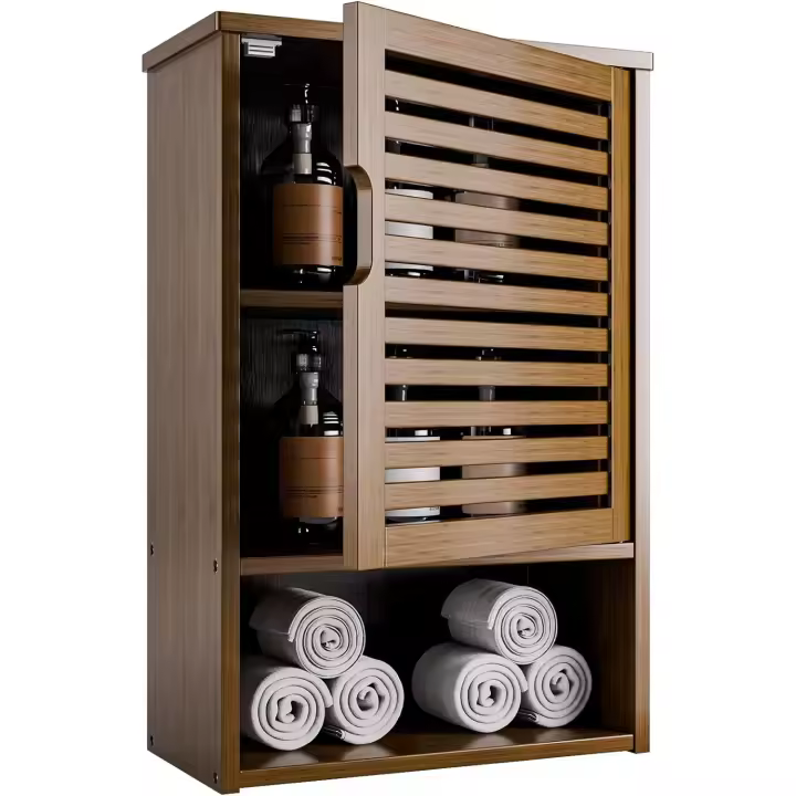 Armario de Baño de Pared de Bambú Organizador de Almacenamiento Ajustable con Puerta 60cm de Altura - 1