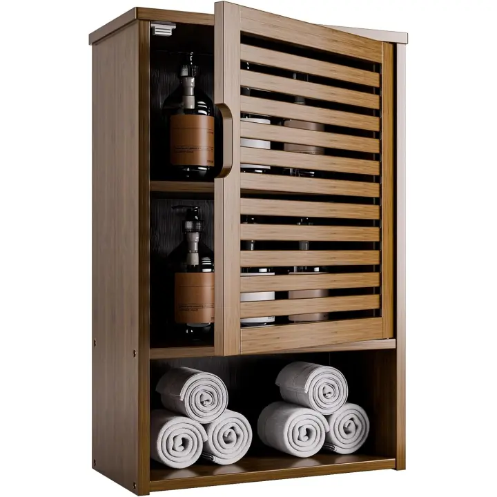 Armario de Baño de Pared de Bambú Organizador de Almacenamiento Ajustable con Puerta 60cm de Altura - 1