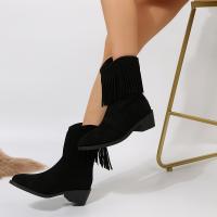 Nuevo Botas Retro de gamuza con borlas para mujer, botas a la moda con punta redonda y tacón grueso, botas cortas ajustadas de vaquero occidental - details 3