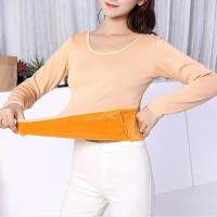 Ropa de terciopelo de una capa para mujer, top básico de manga larga con cuello redondo, color sólido, invierno - details 8