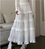 Falda larga de encaje para mujer, vestido de pastel, cintura elástica, línea A, multicapa, ropa de playa, blanco - details 6