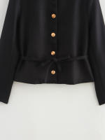 Elegant Black White Jacket For Women Autumn O Neck Long Sleeve Crop Coat Single Breasted With Belt Lady New Outerwear - details 6