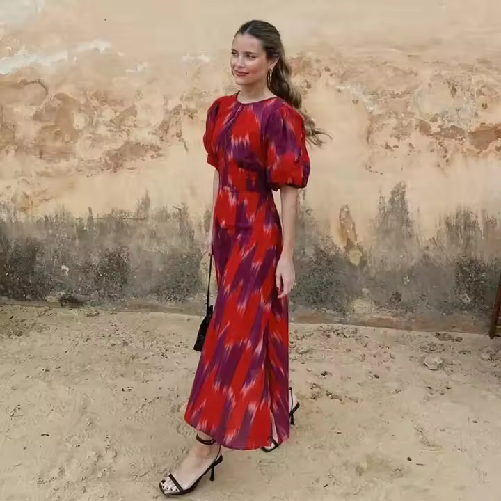 OUWU-Vestido Midi con diseño sin espalda para mujer, elegante con estampado, cuello vuelto, mangas abullonadas, corte en A, novedad de verano 2024 - 1