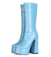Botas de longitud media para mujer, con plataforma impermeable, tacón grueso, cremallera lateral, botas de moda de charol, Otoño/Invierno 2025 - details 25