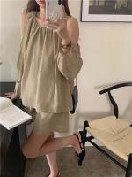 Blusa de verano a cuadros extragrande 2024 para niñas, traje de mujer, camisa de manga larga, pantalones de pierna ancha de cintura alta, trajes de dos piezas con pantalones cortos - details 7