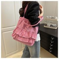 Bolso de hombro de estilo coreano Vintage con hojas de loto, bolso con cordón estampado a la moda, bolso de mano a cuadros bonito, bolsa de almacenamiento - details 2