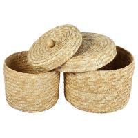 Caja de almacenamiento tejida de paja hecha a mano Circular con tapa, cesta de flores para aperitivos y cosméticos, organizador de maquillaje, 1 piezas - details 0