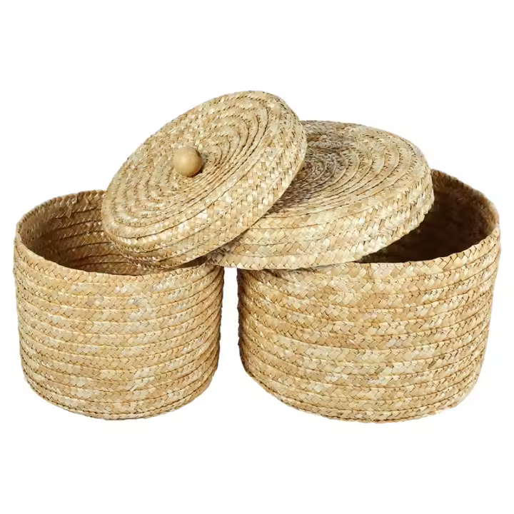 Caja de almacenamiento tejida de paja hecha a mano Circular con tapa, cesta de flores para aperitivos y cosméticos, organizador de maquillaje, 1 piezas - 1