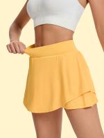 Falda de Yoga y Tenis de Cintura Alta para Mujer con Pantalones Cortos Incorporados, Dobladillo con Volantes y Bolsillos Laterales - Ropa Deportiva Elástica para Gimnasio, Entrenamiento y Uso Diario - Amarilla - details 4