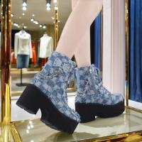 Dropshipping logo moda denim tacón grueso mujeres, botines con cordones de talla grande para mujer - details 2