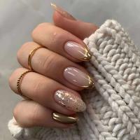 24 piezas de diseño dorado en forma de almendra francesa, uñas ovaladas simples, uñas postizas completamente cubiertas - details 1