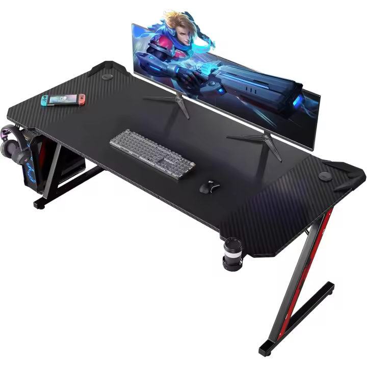 Mesa de juego 180 x 60 cm, mesa de juego ergonómica en forma de Z, mesa de juego en fibra de carbono, mesa de computadora con vasos y ganchos para auriculares, negro - 1