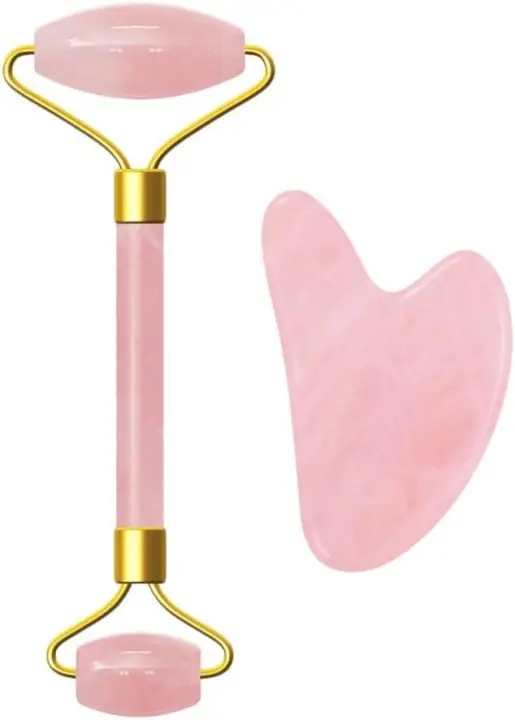 Gua Sha y Rodillo De Jade rosa, rodillo de cuarzo, reduce arrugas y masajea ojos, set de masaje facial en piedra. - 1