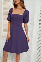 NOVEDAD DE VERANO 2025, vestido de manga de burbuja con cuello cuadrado de Color sólido para mujer - details 4