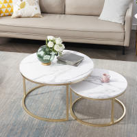 Mesa de centro con textura de mármol para sala de estar, 2 piezas, sofá lateral, mesa redonda de té, 2 en 1, combinación de muebles, Blanco dorado - details 2
