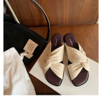 Zapatillas de las mujeres de verano pliegues retorcido fondo plano exterior desgaste sandalias versátil cabeza cuadrada nube media arrastre - details 31