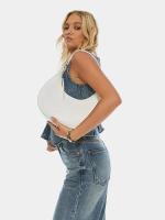 1 bolso de hombro elegante de piel sintética para mujer, bolso semicircular de color sólido con cierre de cremallera, correa ajustable, forro de poliéster, limpieza localizada, negro/blanco - details 9