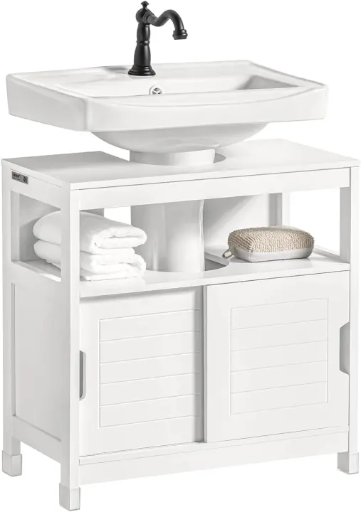 Armario de Baño de Suelo Blanco Estante y Puertas Correderas 60 x 30 x 60 cm - 1