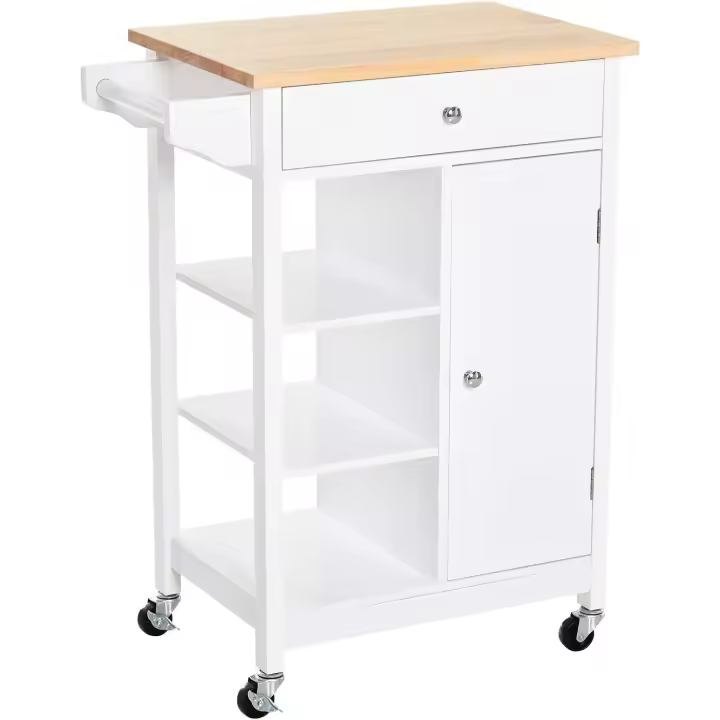 Carrito de Cocina Carro Auxiliar con Ruedas 1 Cajón 1 Armario 3 Estantes Abiertos de Almacenamiento para Comedor 66x39,5x86,5 cm Blanco - 1