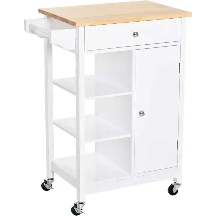 Carrito de Cocina Carro Auxiliar con Ruedas 1 Cajón 1 Armario 3 Estantes Abiertos de Almacenamiento para Comedor 66x39,5x86,5 cm Blanco - 1