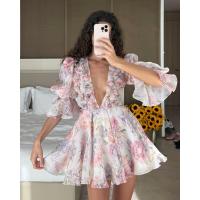 BUNO-Mini vestido estampado de manga acampanada con cuello en V para mujer, vestido plisado de cintura alta, vestido de fiesta de noche de verano, vestido de Club, moda Sexy - details 4