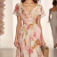 Elegante Vestido Largo Estilo Bohemio con Estampado Floral Vestido de Fiesta de Cintura Alta con Cuello de Pico para Primavera Vestido Largo con Cremallera de Manga Corta para Verano - details 2