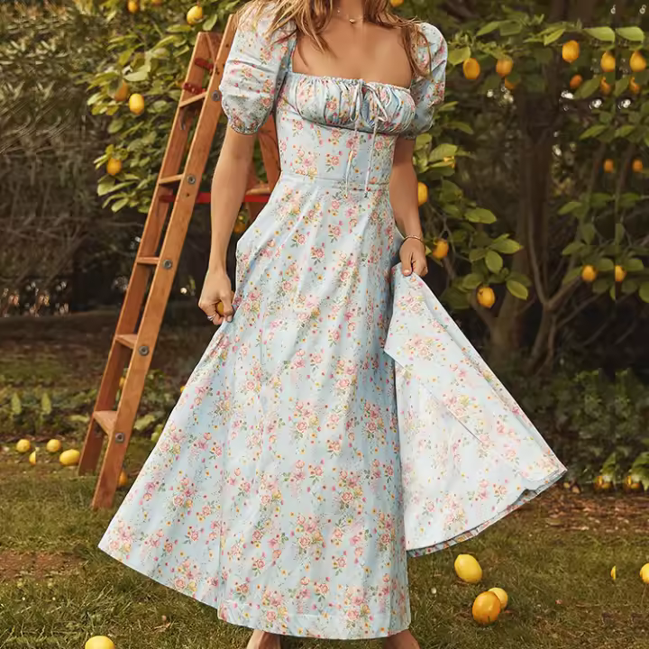 2025 primavera nueva ropa de mujer europea y americana impresa floral francesa sin espalda vestido dividido con tirantes delgados - 1