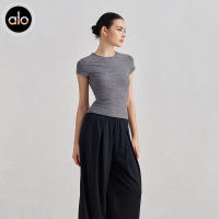 Alo yoga manga corta sensación desnuda casual deporte manga corta cierre cintura slim transpirable yoga camiseta top de entrenamiento - details 1