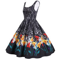 Women vintage spaghetti strap floral print high waist elegant sleeveless a-line party midi dress - details 34