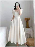 Elegante Vestido Largo Adelgazante para Mujer Manga Abullonada, Cuello Cuadrado, Ligero para el Verano con Falda Blanca Ajustada a la Cintura - details 1