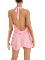 2024 nueva moda mujer otoño tirantes cortos color sólido sin mangas espalda descubierta vestido con cuello colgante - details 6