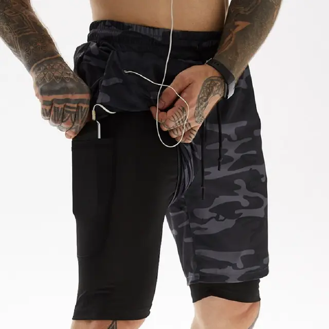 Pantalones cortos deportivos para hombre Pantalones cortos de entrenamiento 2 en 1 para gimnasio Fitness - 1
