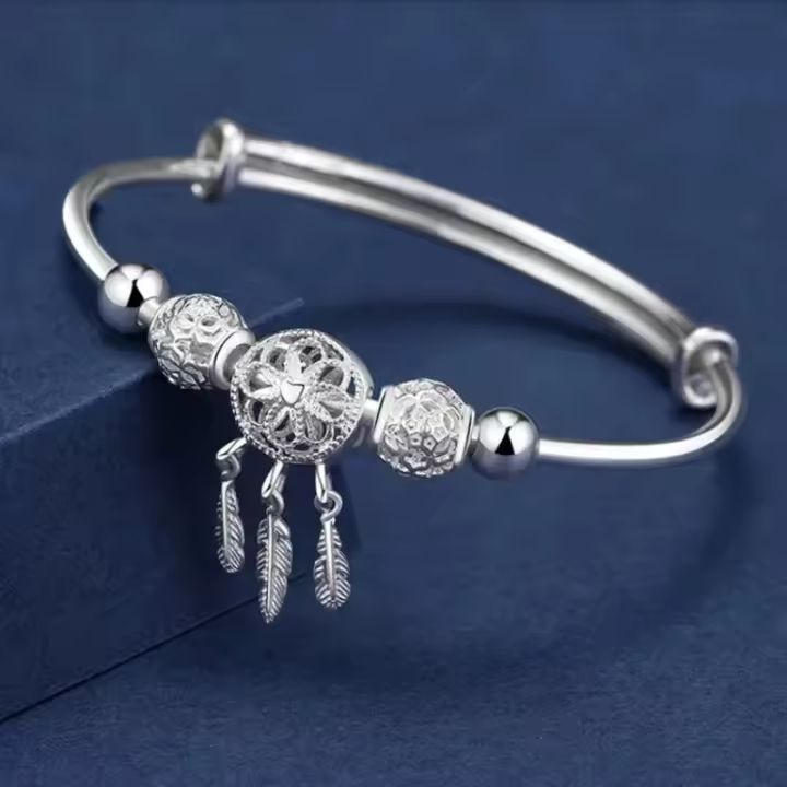 Brazalete de plata de ley 925 de tamaño ajustable, atrapasueños, borla, pluma, cuentas redondas, pulsera, joyería para mujer, boda - 1