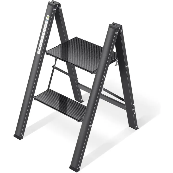 Peldaños de Aluminio, Escalera Pequena Plegable Segura de Hogar con Mecanismo Antiplegado, Taburete Escalera Portatil para Cocina Domestica, Peso Máximo 150kg, Negro - 1
