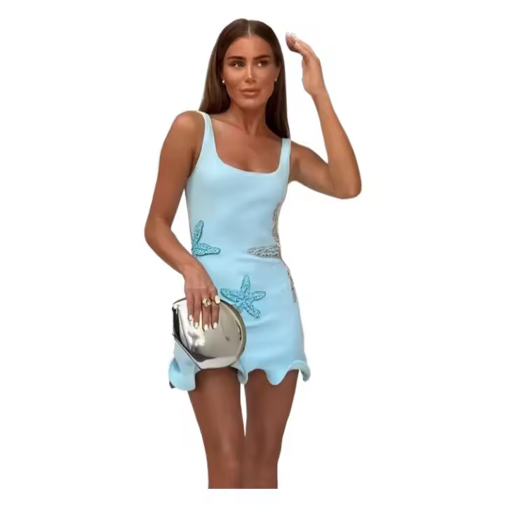 BUNO-Minivestido con volantes y lentejuelas de estrella de mar brillantes para mujer, vestidos elegantes ajustados con cuello cuadrado y tirantes, ropa de calle alta para primavera 2025 - 1
