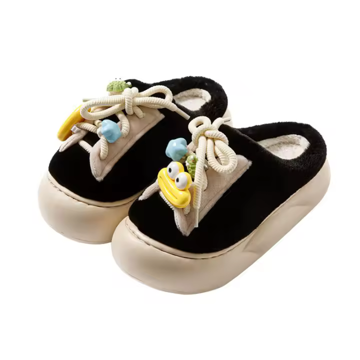 Zapatillas de casa de interior con cordones de dibujos animados apiladas zapatillas de dormitorio acolchadas de suela gruesa. - 1