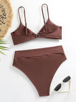 Bikini de cintura alta para mujer, traje de baño liso con tirantes, Tanga Sexy, ropa de playa, verano, 2024 - details 16