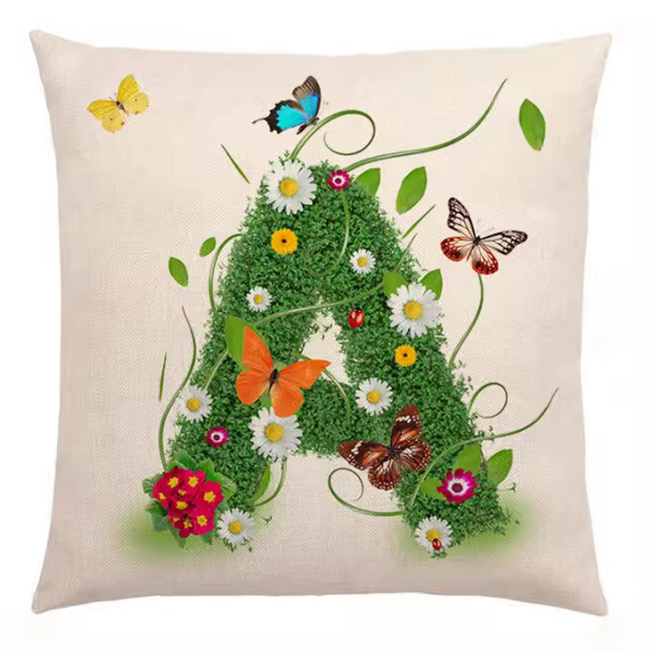 Funda de almohada de lino nórdico con letras en inglés de mariposa de pétalos de primavera, funda de cojín para sofá - 1