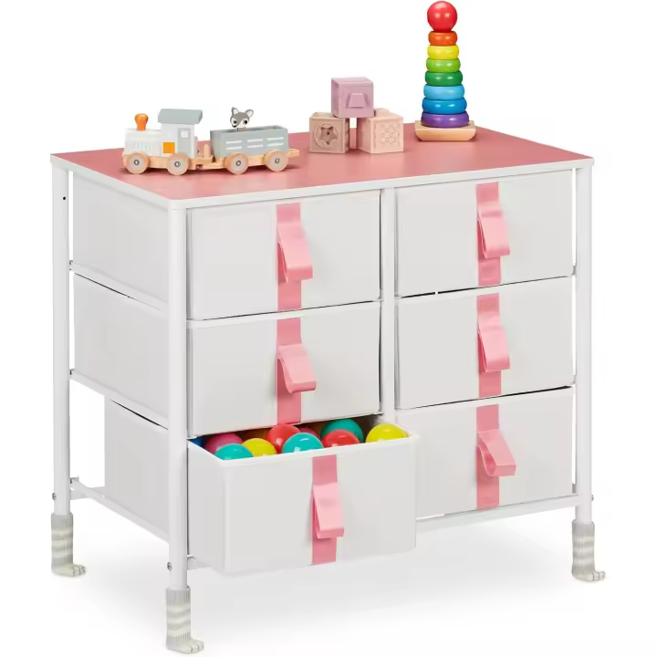 Cómoda Infantil, 6 Cajones de Tela, Cajonera Habitación Juguetes, Niños, 61,5 x 68 x 40,5 cm, Blanco y Rosa, Poliéster - 1