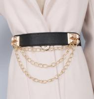 Cadenas de Metal doradas multicapa para mujer, cinturón negro de cuero PU, correas elásticas de cintura ancha, cinturones Punk con remaches, decoración de traje, cinturones de vestido - details 5