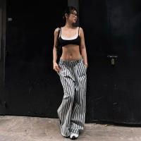 BUNO-Pantalones de encaje a rayas para mujer, Pantalones rectos de pierna ancha con cintura elástica y cordón, ropa de calle holgada para primavera y verano, pantalones de chándal informales - details 39