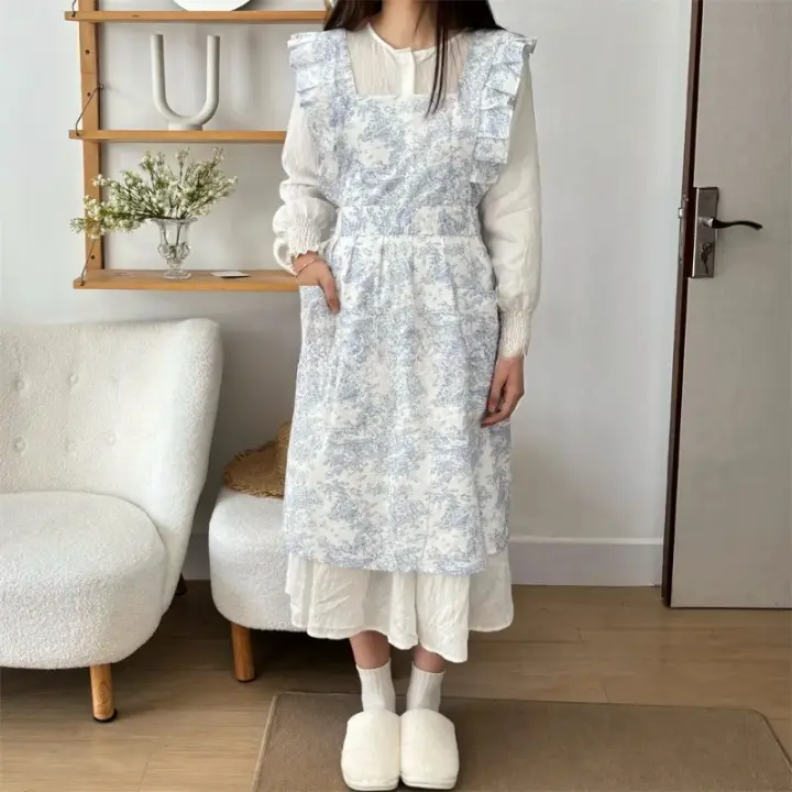 Delantal de algodón con volantes para mujer, ropa de trabajo, estilo coreano, uniforme de camarero de cocina - 1