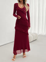 Vestido de malla con cuello en V, elegante y entallado, de manga larga para mujer, otoño invierno - details 12