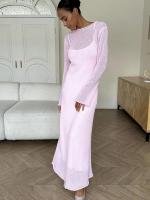 Primavera otoño cuello redondo elástico vestidos largos de punto mujeres 2025 elegante suave señora ahuecado suéter vestidos mujer nuevo - details 0