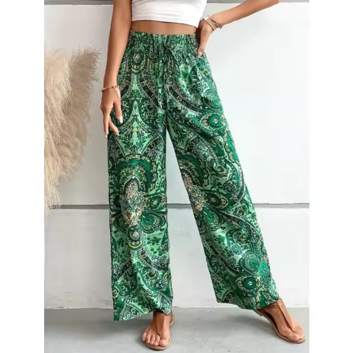 Pantalones de Verano Versátiles de Impresión Khaki Cintura Elástica, Legua Ancha, Comodidad Casual - 1